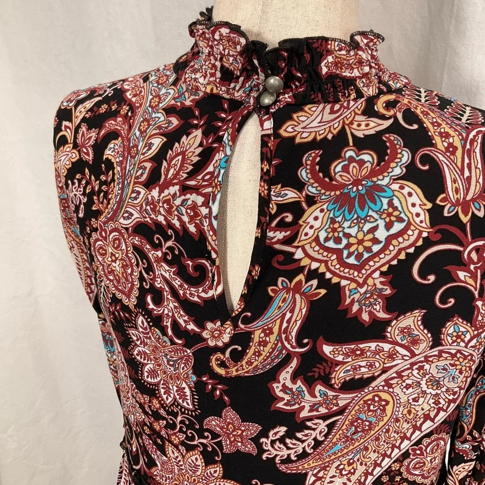Anthropologie Dress Womens Small Black Red Paisley Mock Ruffle Peasant Prairie‎